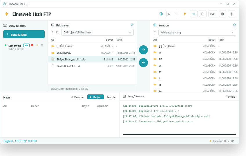 Elmaweb Hızlı FTP ekran görüntüsü — iki panelli FTP/SFTP arayüzü